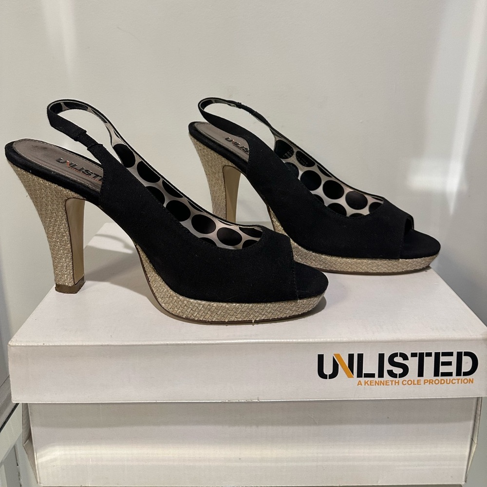 Unlisted by Kenneth Cole Time to Spend Black Slingback Peep Toe Heels 7.5